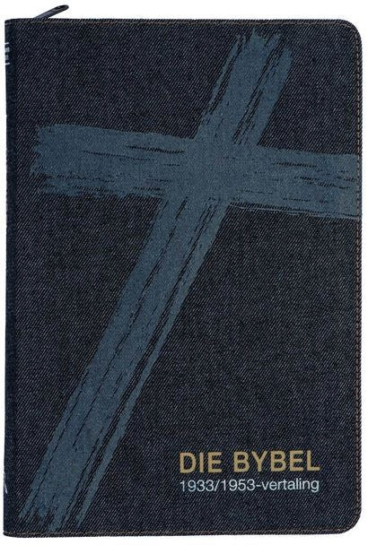Bybel mediumgrootte, denim omslag,met ritssluiter