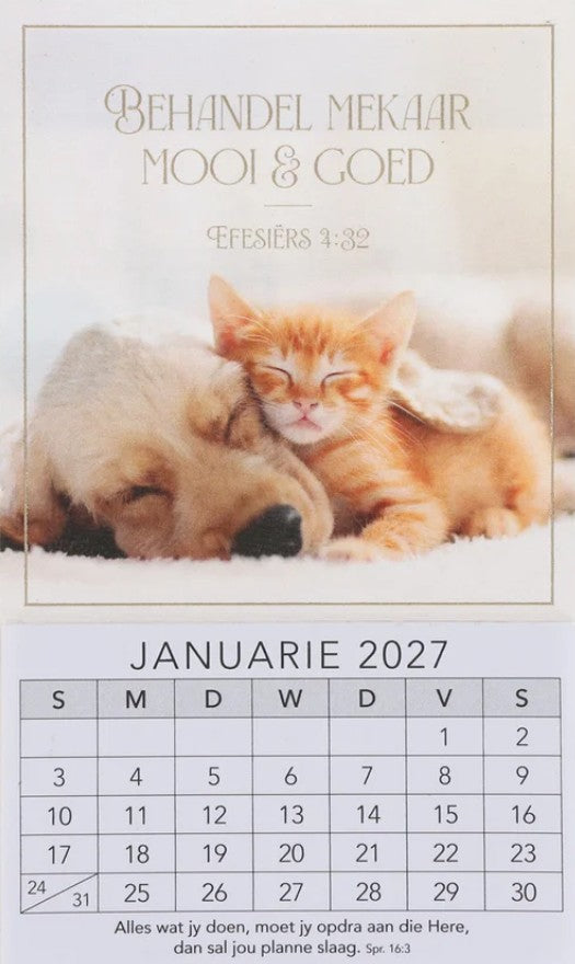 2027 Klein Magnetiese Kalender Behandel Mekaar Mooi & Goed