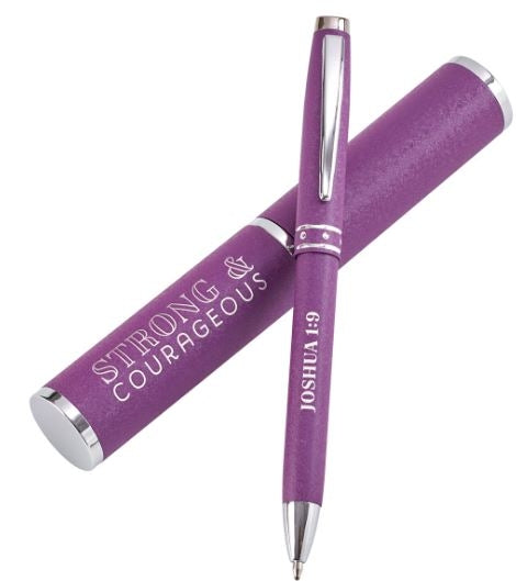 Metal Pen In Tube: Joshua 1:9 Strong & Courageous Purple