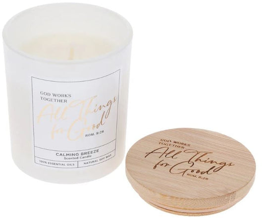 Scented Candle with Bamboo Lid: God Works Together All Things for Good Calming Breeze