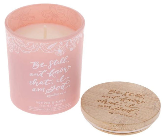 Scented Candle with Bamboo Lid: Be Still and Know That I Am God Vetiver and Moss