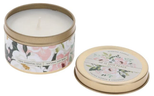 Scented Candle in Tin: He Is Our Peace Cactus Flower and Coconut
