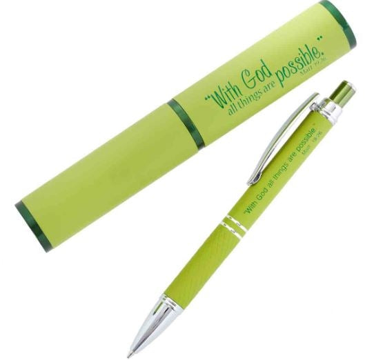 Metal Pen In Tube: Matthew 19:26 All Things Possible Green