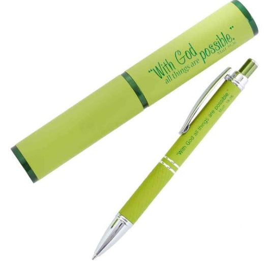 Metal Pen In Tube: Matthew 19:26 All Things Possible Green