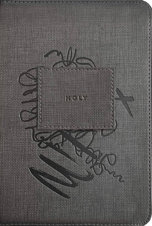 Bible NLT Filament Compact Zipper, Red Letter, With Zipper, Charcoal Patch